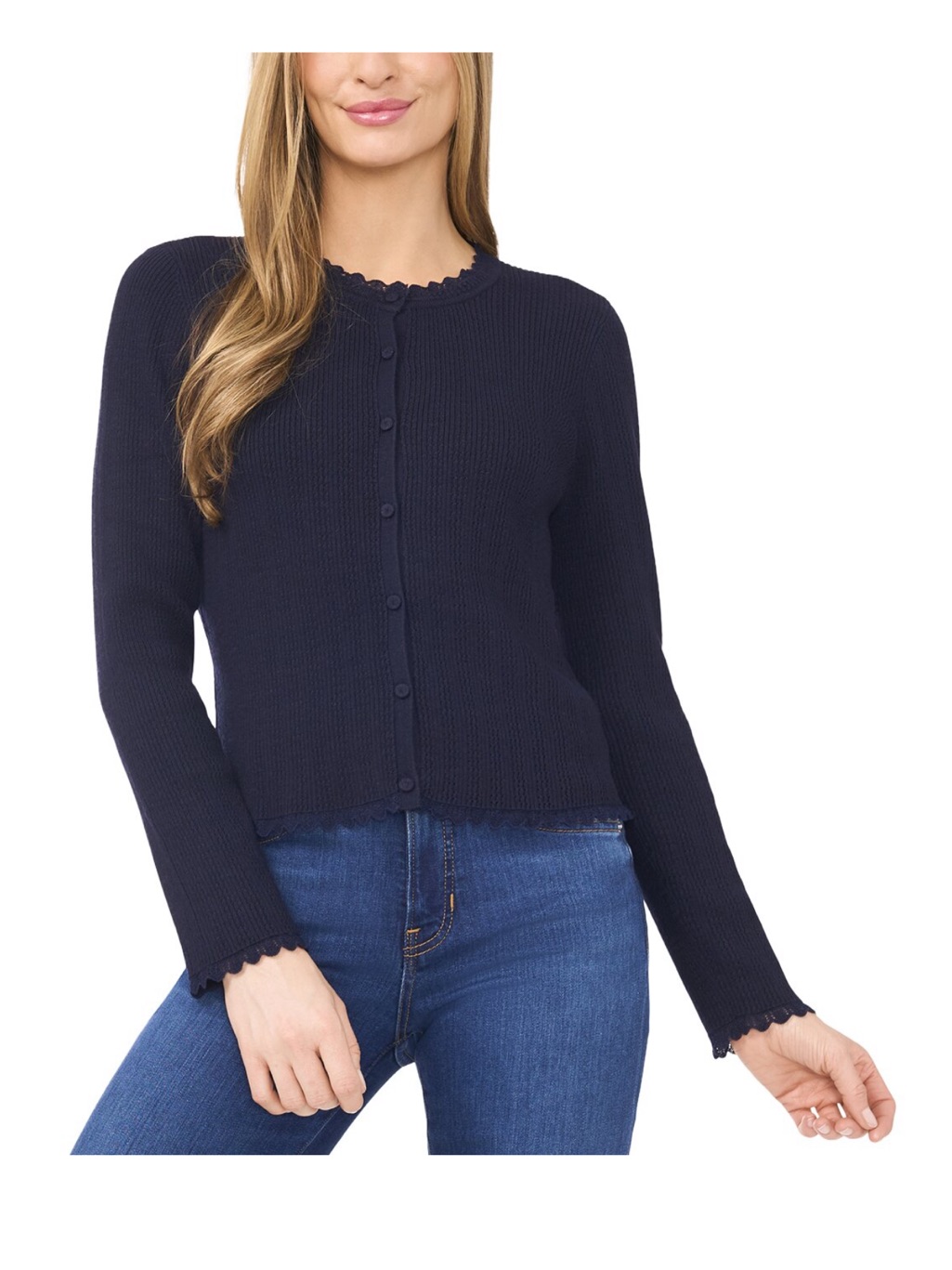 Cece Navy Scallop-Edge Button-Front Cardigan